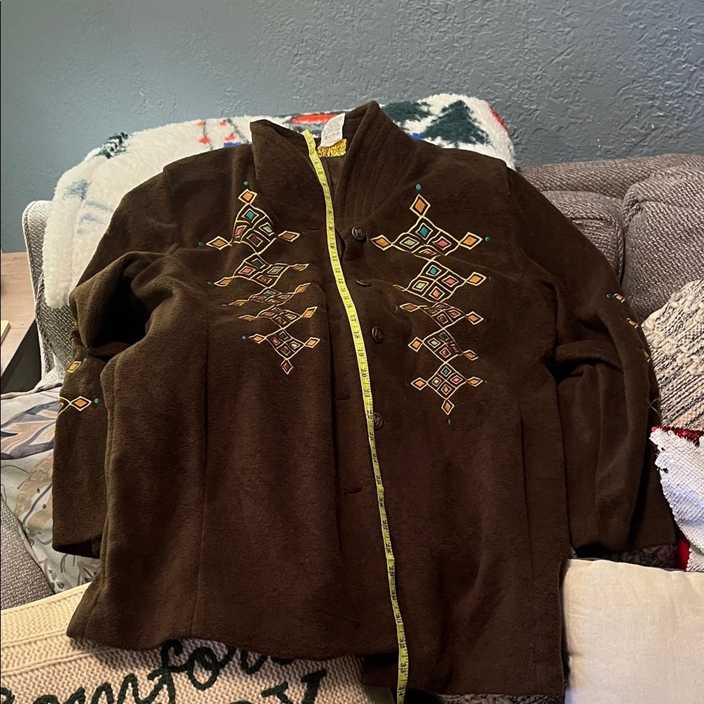 Bob Mockie Brown Jacket with Embroidered Patterns Wearable Art - Picture 4 of 9